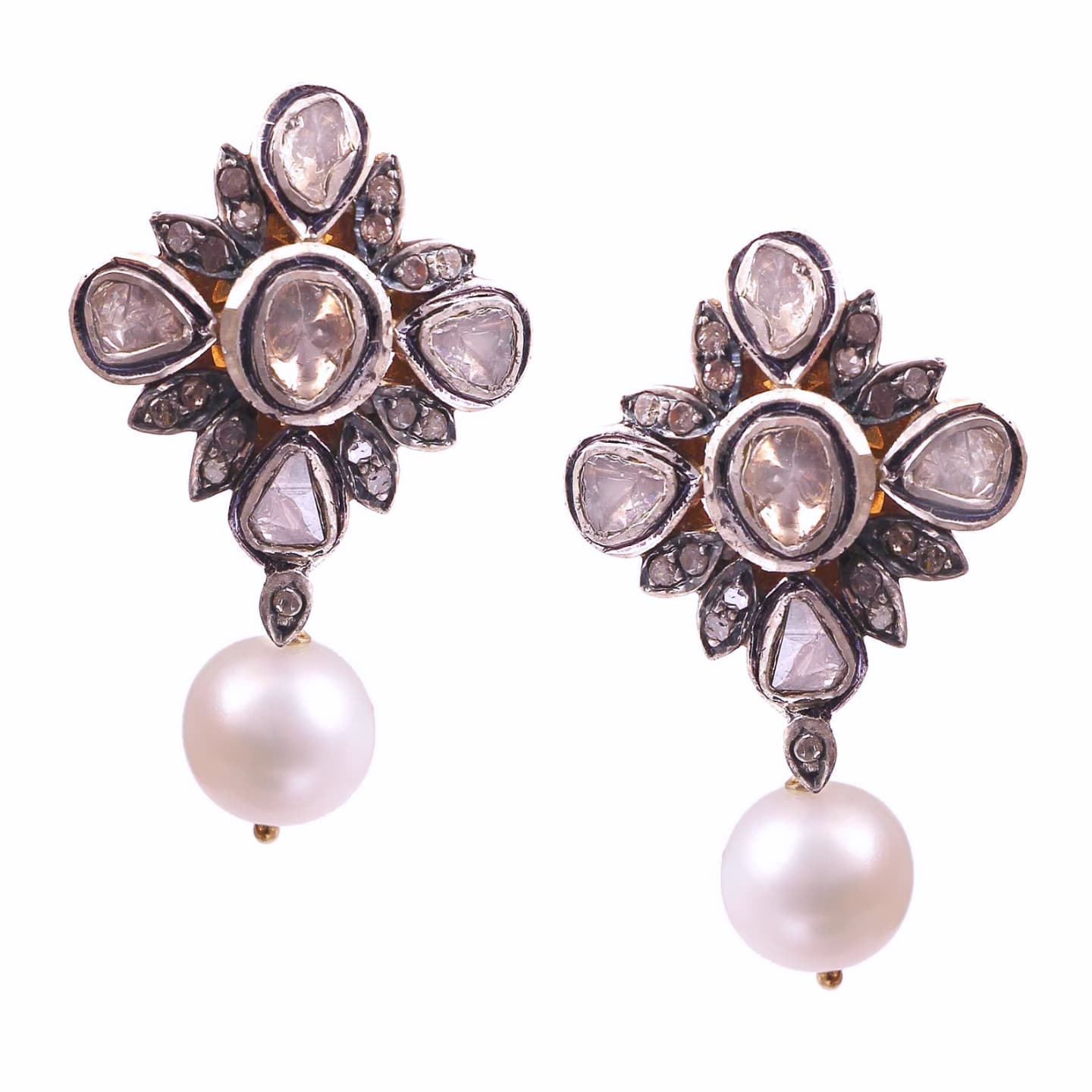 Aros Diamante Polki Pave Perla Natural Plata 925 chapado oro 18k makalu