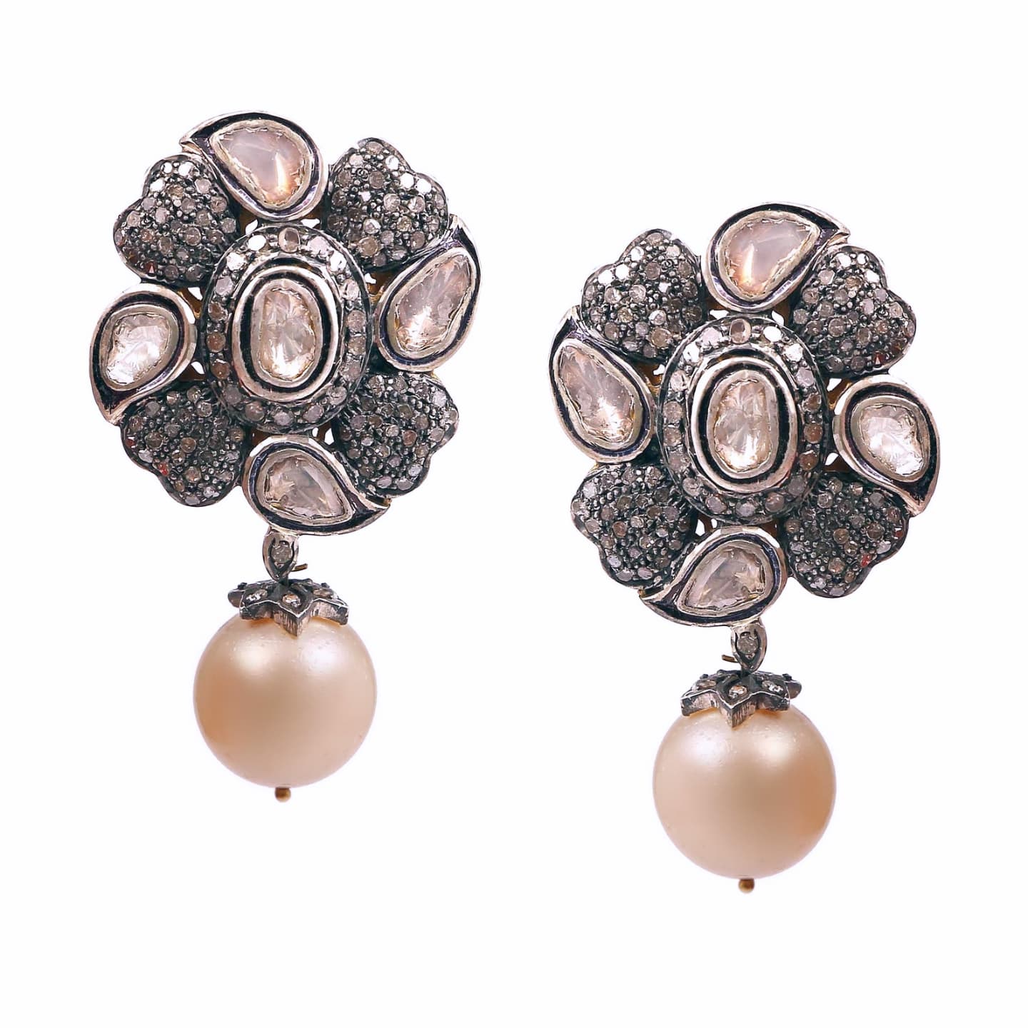 Aros Diamante Polki Pave Perla Natural Plata 925 chapado oro 18k Cho