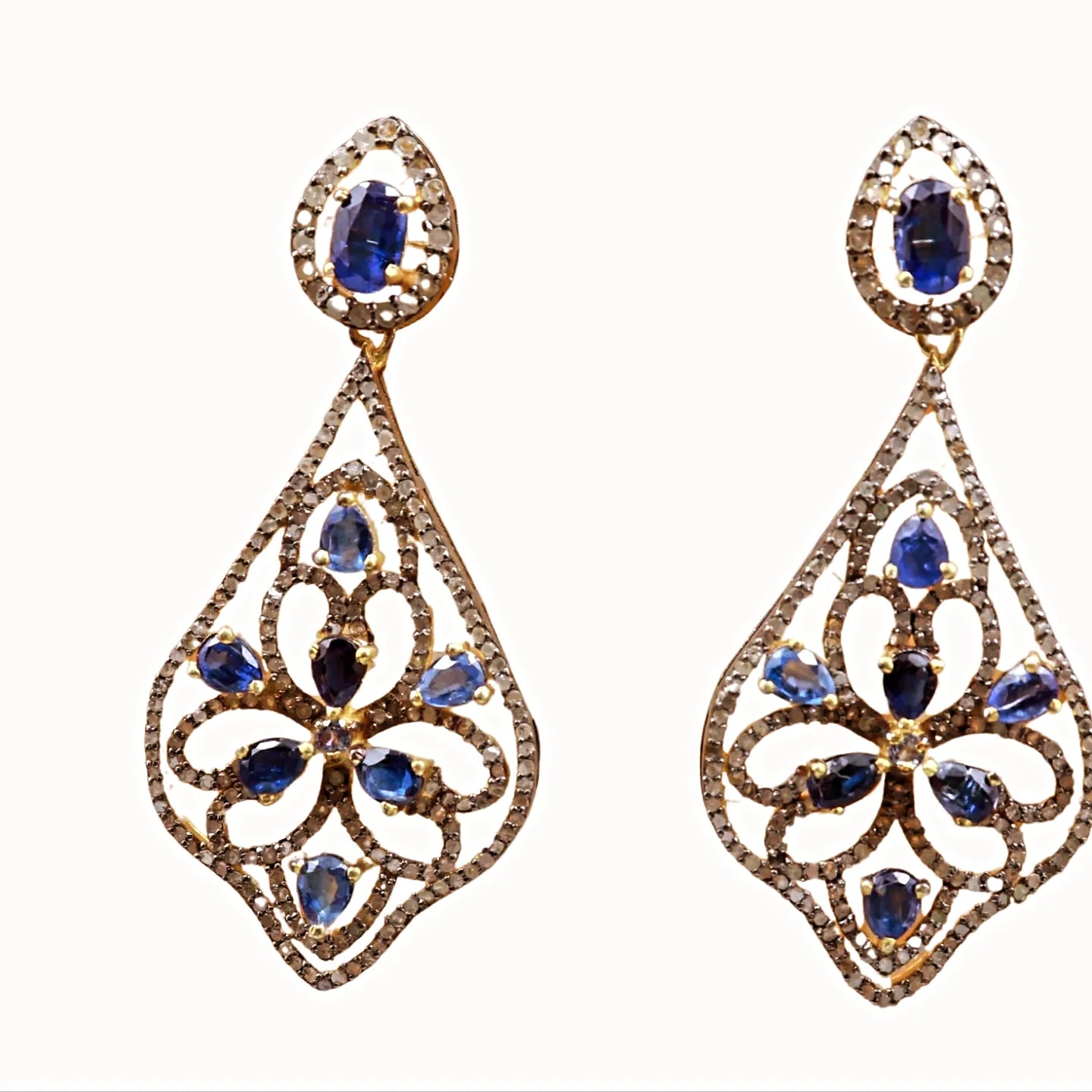 Aros Diamante pavé natural Piedra Preciosa Cianita Plata 925 chapado oro 18k Kan