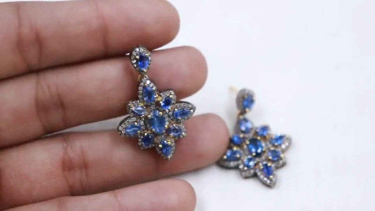 Aros Diamante pavé natural Piedra Preciosa Cianita Plata 925 chapado oro 18k Nanda