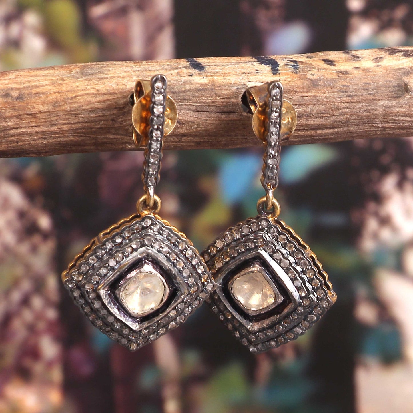 Aros Diamante Polki Pave natural doble halo, Plata 925 chapado oro 18k Iza