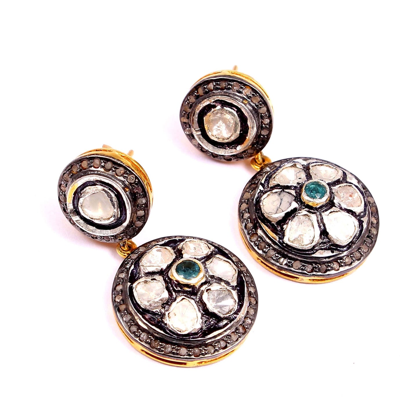 Aros Diamante Polki Pave natural Esmeralda Preciosa, Plata 925 chapado oro 18k Milo