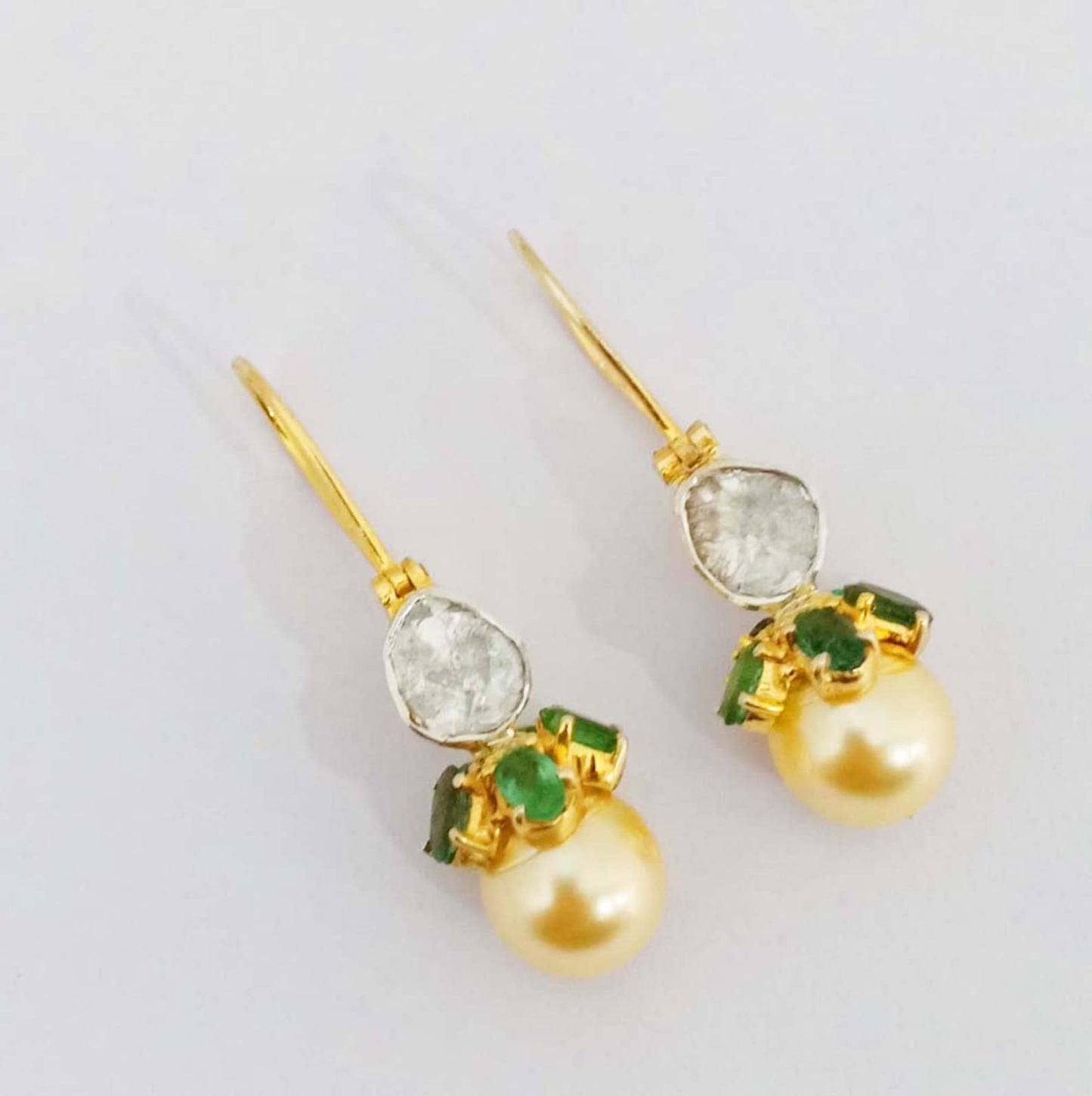 Aros Diamante Polki Pave Perla Natural Piedra Preciosa Esmeralda Plata 925 chapado oro 18k Brum