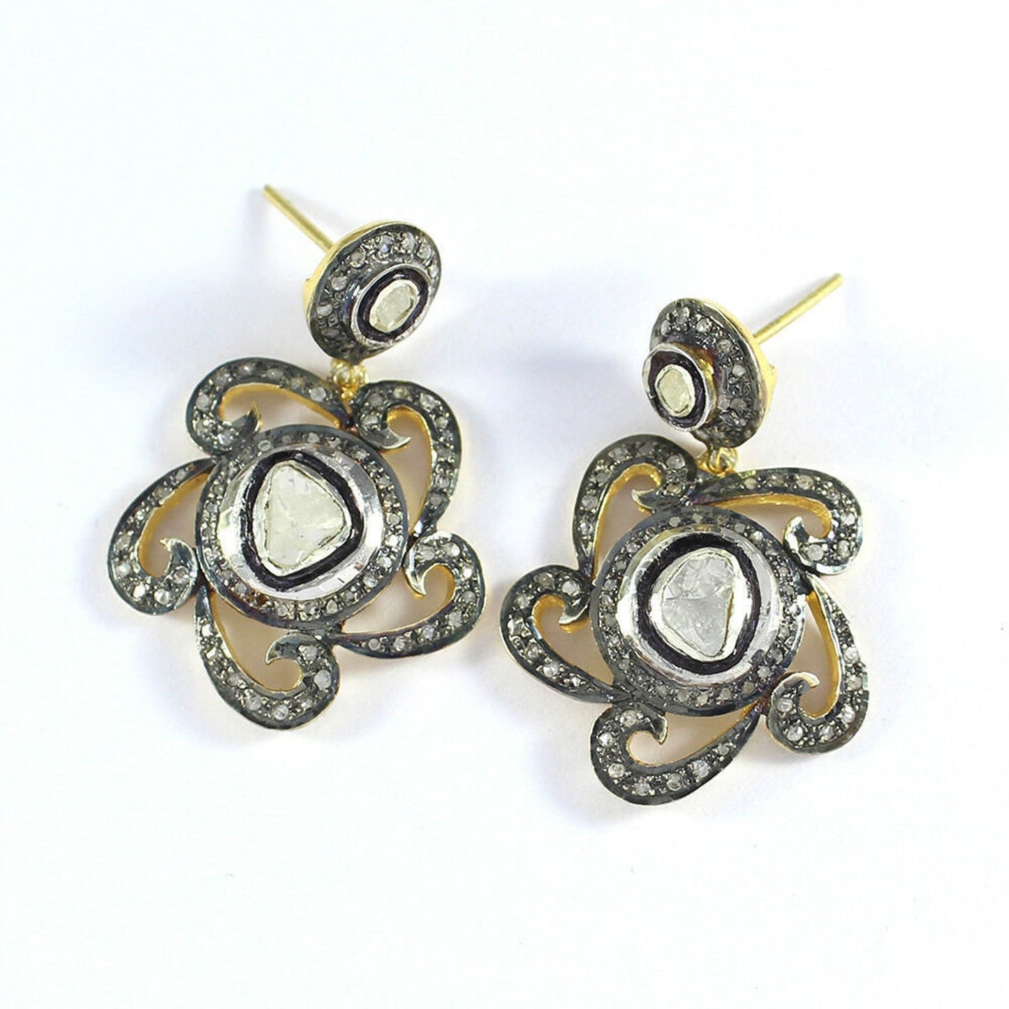 Aros Diamante Polki Pave natural Flor, Plata 925 chapado oro 18k Eri