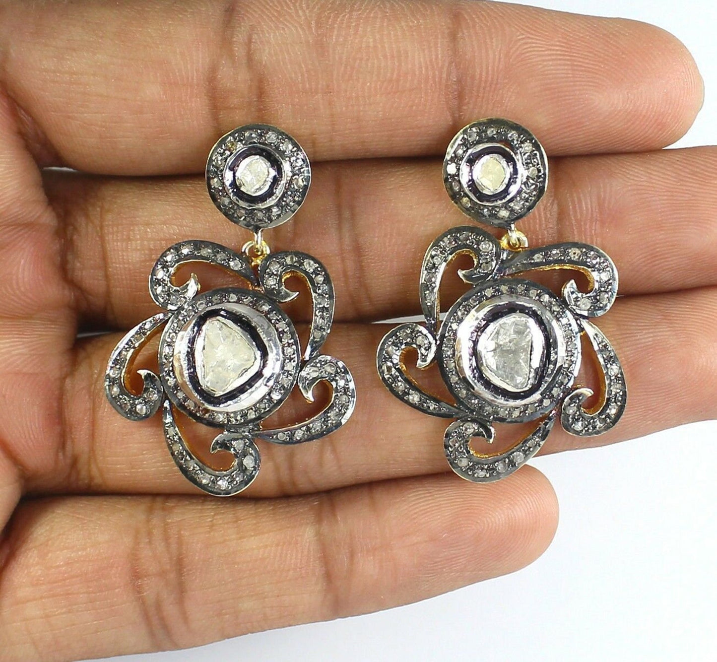 Aros Diamante Polki Pave natural Flor, Plata 925 chapado oro 18k Eri