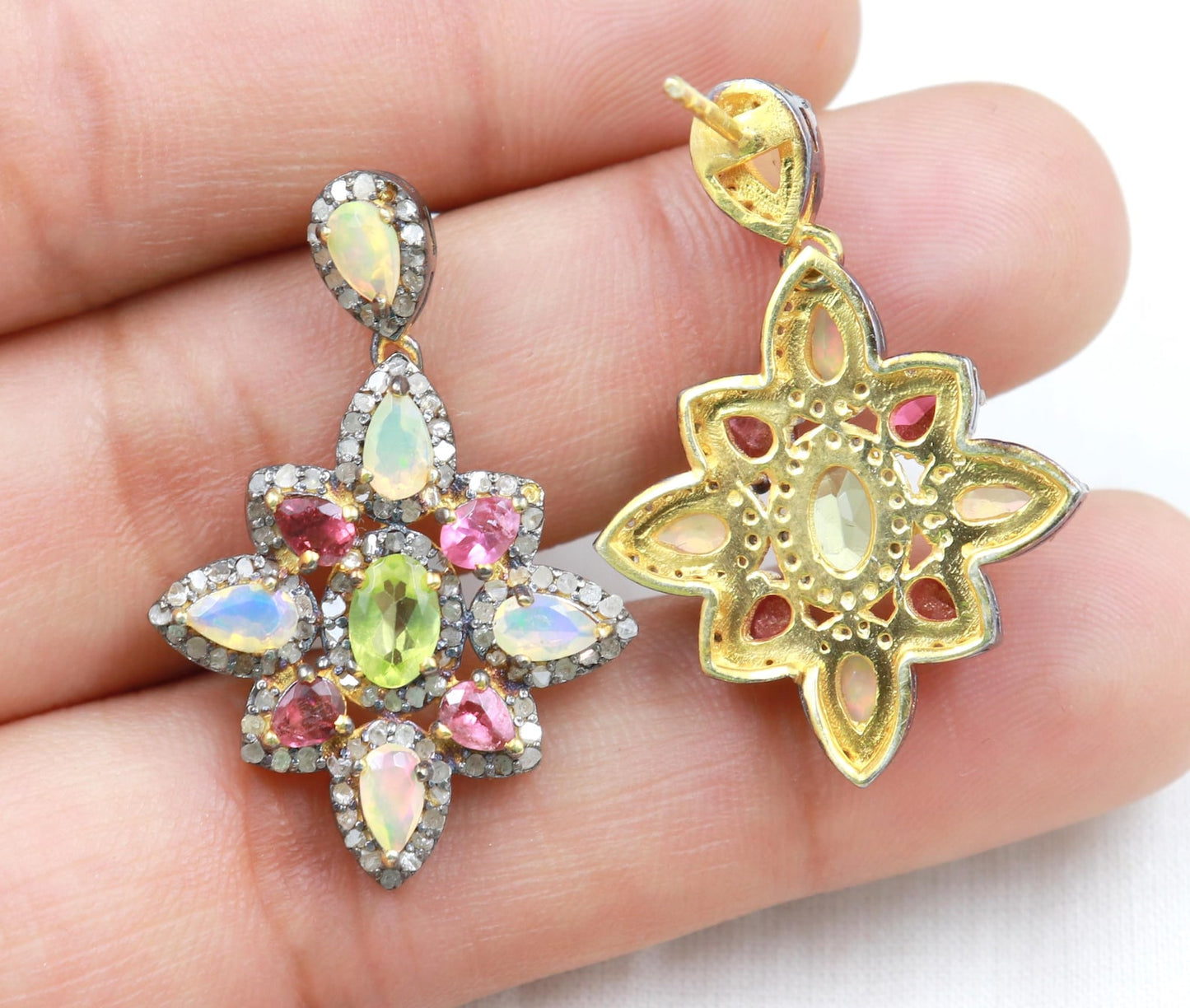 Aros Diamante pavé natural Piedra Preciosa Ópalo Turmalina Plata 925 chapado oro 18k Devi