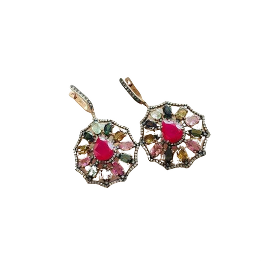 Aros Diamante pavé natural Piedra Preciosa Turmalina Rubí Plata 925 chapado oro 18k Mandata