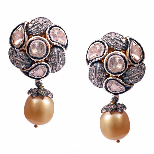 Aros Diamante Polki Pave Perla Natural Plata 925 chapado oro 18k Parbat