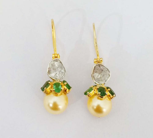 Aros Diamante Polki Pave Perla Natural Piedra Preciosa Esmeralda Plata 925 chapado oro 18k Brum