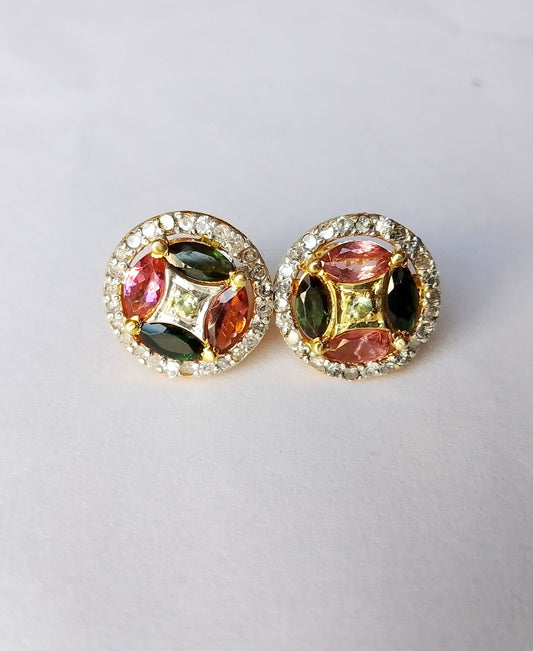 Aros Diamante pavé natural Piedra Preciosa Turmalina Plata 925 chapado oro 18k