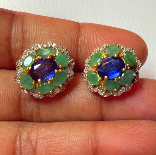 Aros Diamante pavé natural Piedra Preciosa Esmeralda Cianita Plata 925 chapado oro 18k Hispar