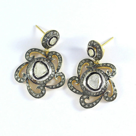 Aros Diamante Polki Pave natural Flor, Plata 925 chapado oro 18k Eri