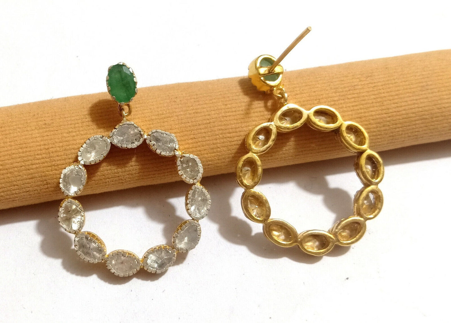 Aros Diamante Polki natural Esmeralda Preciosa, Plata 925 chapado oro 18k Ari