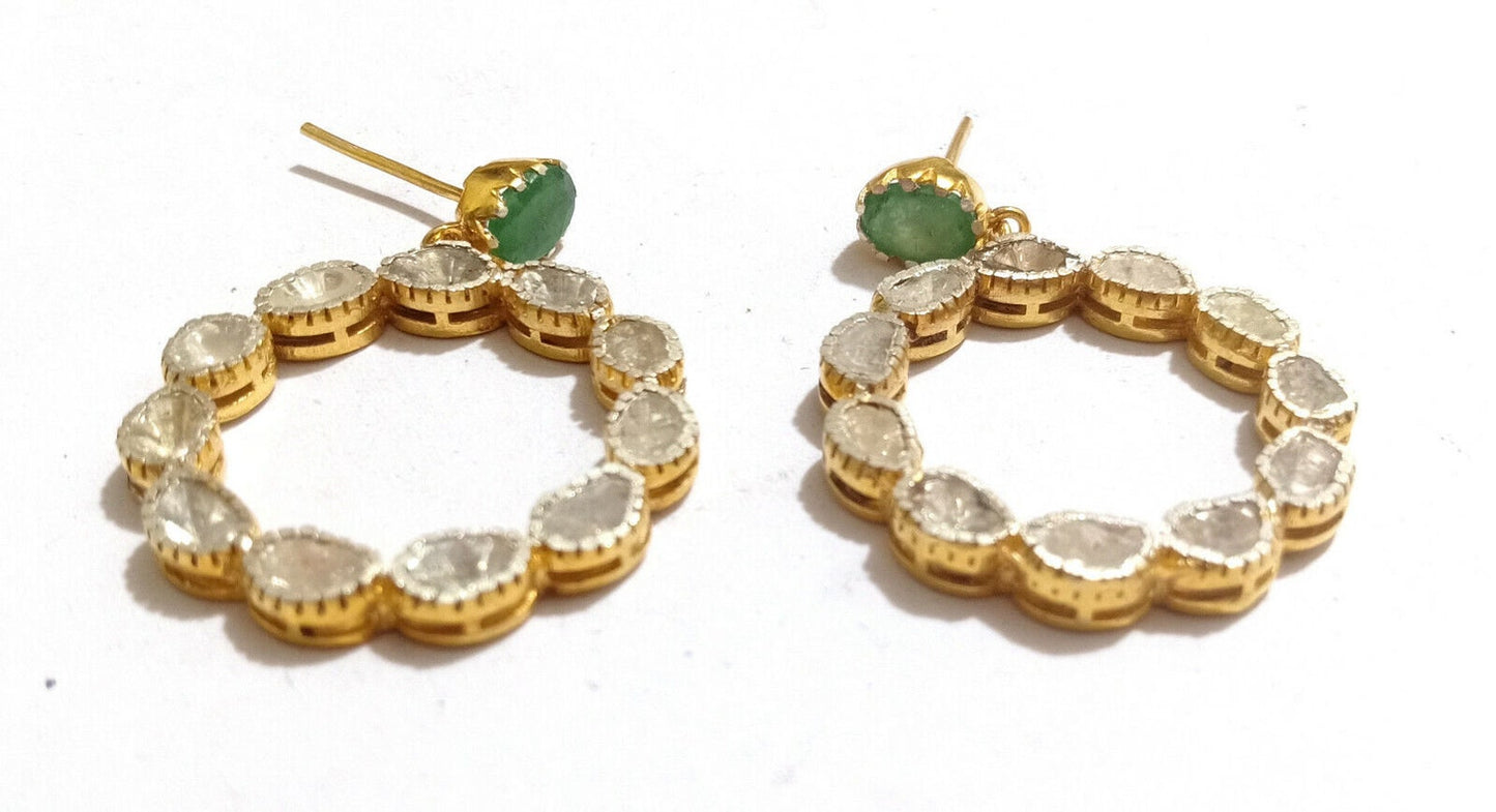 Aros Diamante Polki natural Esmeralda Preciosa, Plata 925 chapado oro 18k Ari