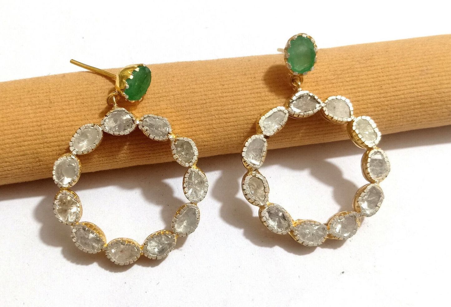 Aros Diamante Polki natural Esmeralda Preciosa, Plata 925 chapado oro 18k Ari