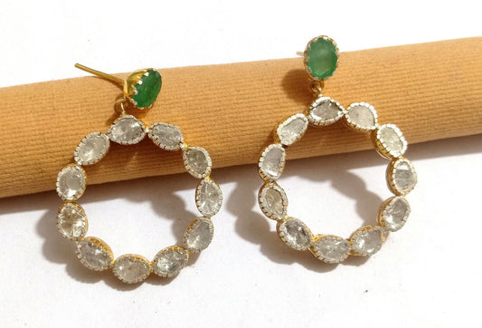Aros Diamante Polki natural Esmeralda Preciosa, Plata 925 chapado oro 18k Ari