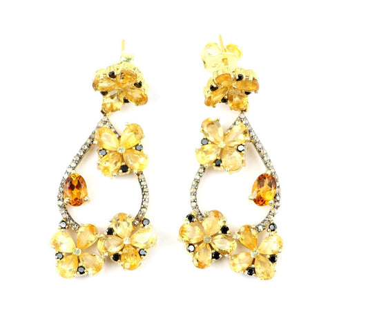 Aros Diamante pavé natural Piedra Preciosa Citrino Plata 925 chapado oro 18k Purna